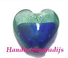 Glas Bead Heart Blue/Silver Foiled 16 x 15mm